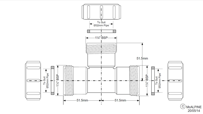 Technische Zeichnung eines T-Stücks Ø32 mm mit 3 Überwurfmuttern und Dichtungen für Rohrverbindungen